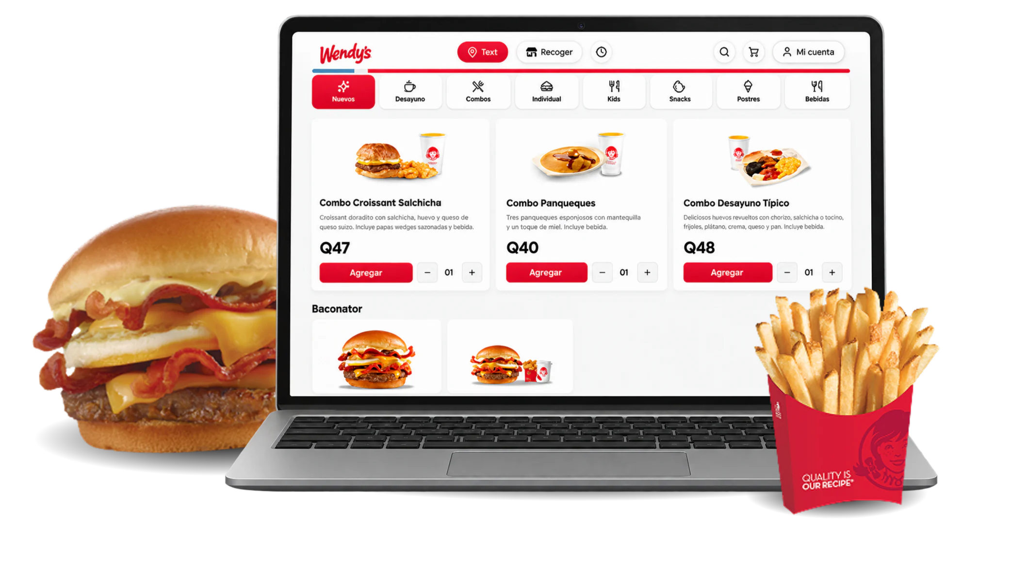 Tienda en línea de Wendy's en una laptop, con hamburguesa y papas